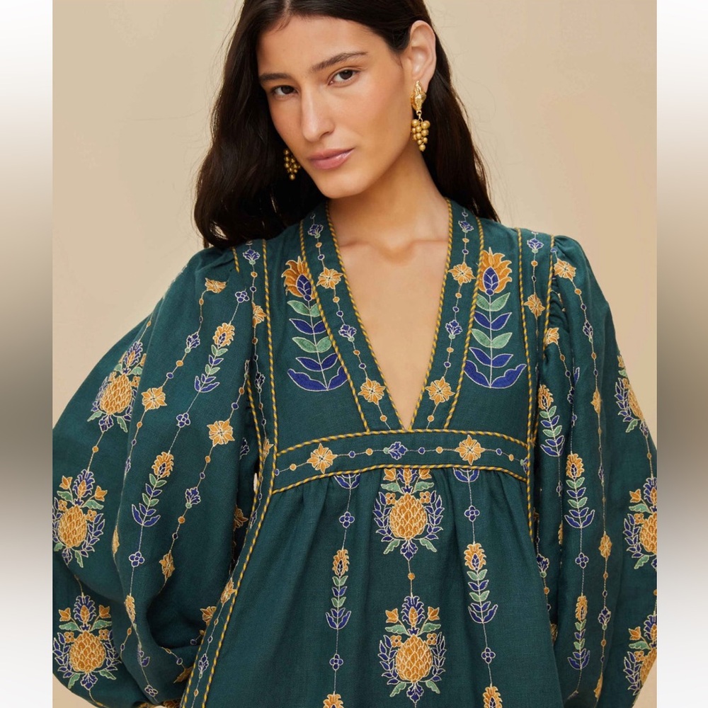 FARM Rio Pineapple Embroidered Green Linen Tunic Maxi Dress Size Large NWT - Picture 15 of 16